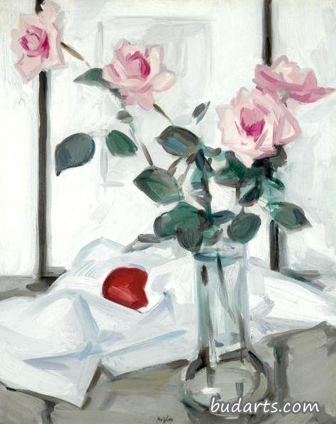 玻璃花瓶里粉红玫瑰的静物画