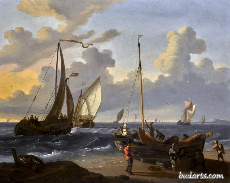 A Fishing Pink being Made Ready  to be Launched from a beach in a Breeze, with Small Dutch Vessels Inshore