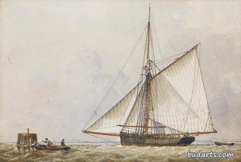 A trading cutter shortening sail as members of her crew carry a mooring rope to a wooden dolphin nearby