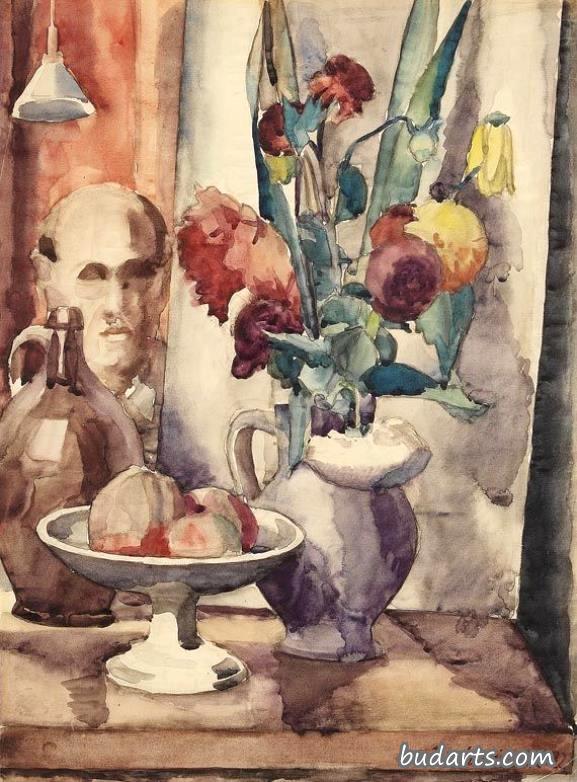 花瓶水果碗静物画