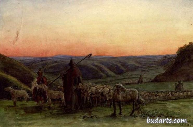 牧羊人和他的羊在夕阳下