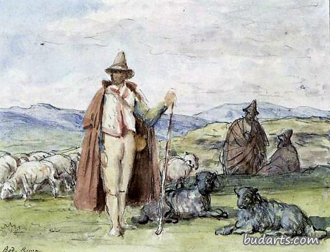 牧羊人和他们的羊在风景中