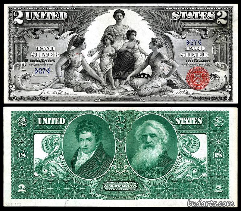 2美元的银质证书，背面印有罗伯特·富尔顿和塞缪尔·莫尔斯