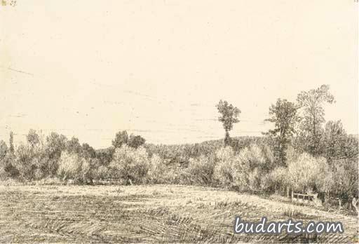 Une prairie à Villers, près d'Aumale, avec une maison entourée d'arbres au fond