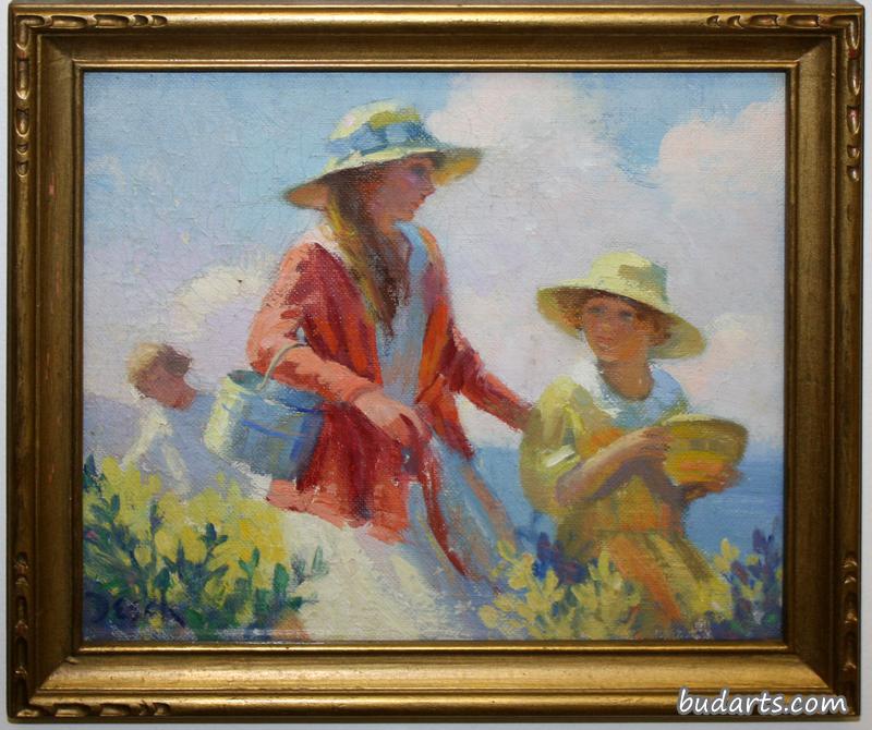 母女俩提着一篮篮蓝莓