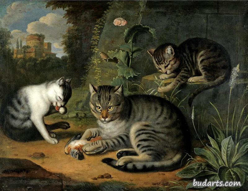 猫和两只小猫的静物生活