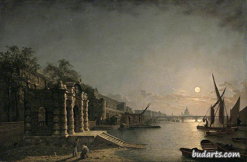 约克水门和阿德尔菲河，伦敦，月光下