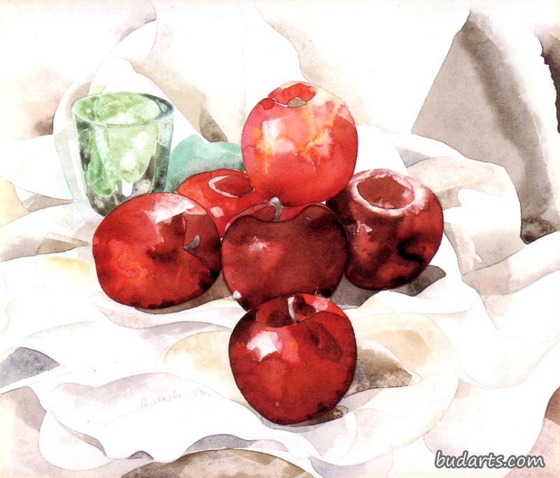 静物画：苹果和绿色玻璃