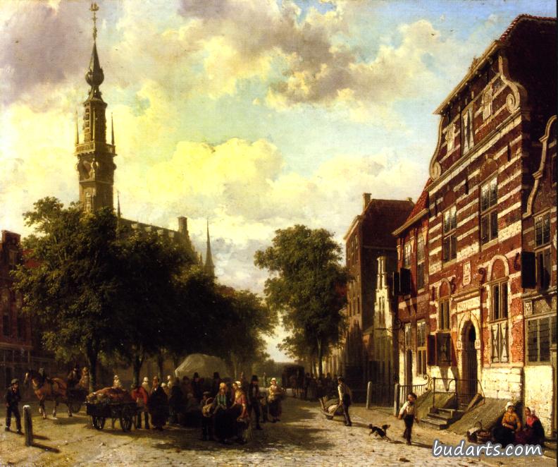 维尔的一个繁忙的市场，外面是市政厅的钟楼