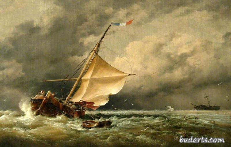 在一场暴风雪之后，一个荷兰的贝特曼在北海的特谢林沙地搁浅