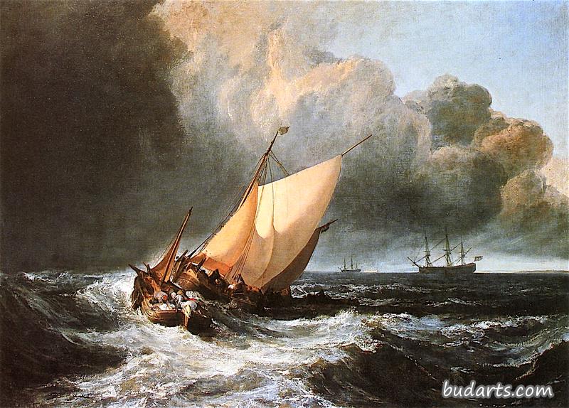 大风中的荷兰船：渔民努力把鱼放在船上