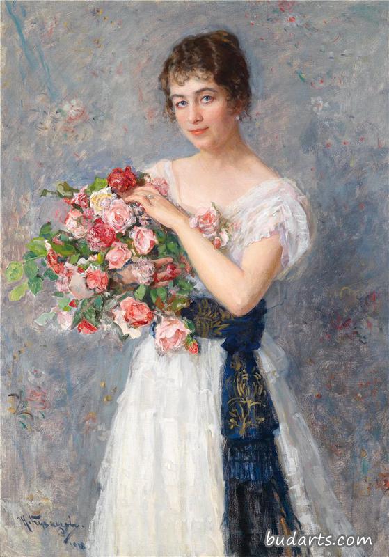 一位带玫瑰的年轻女士的画像