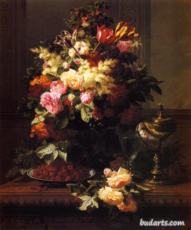 A Still Life of Roses, Tulips and other Flowers on a German Compote, a Plate of Raspberries, a Glass and a German Silver-gilt Nautilus Cup on a Table