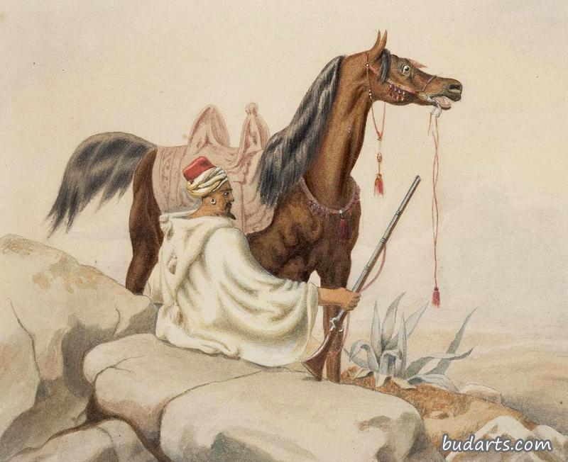 坐着的阿拉伯猎人，带着他的马