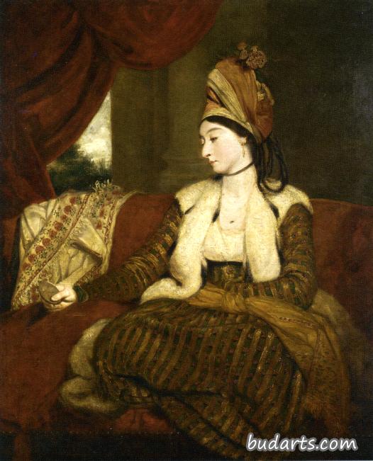 鲍德温夫人的肖像（1763-1839）全长，坐在一张红色的长沙发上