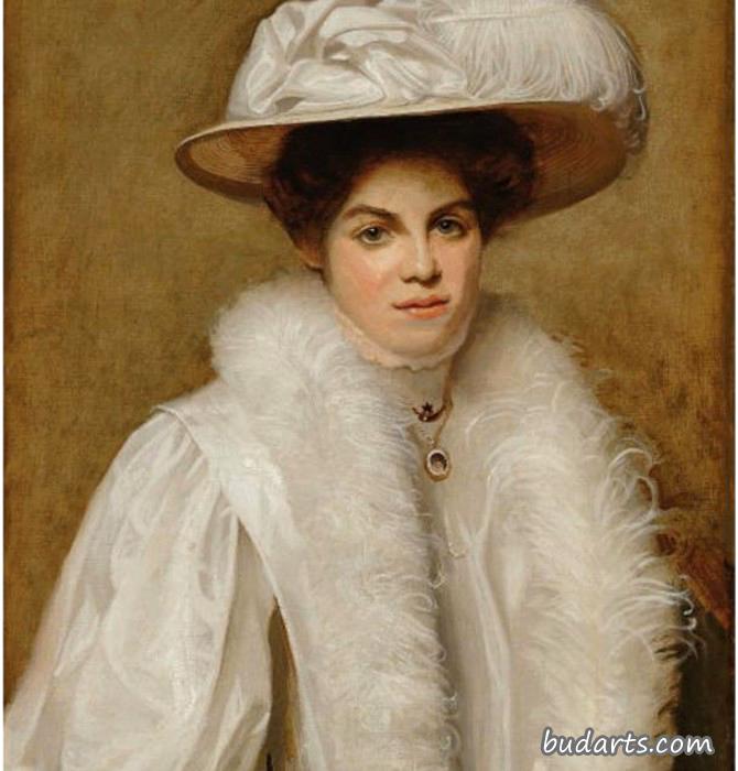 多丽丝·坎佩尔身穿白色连衣裙，头戴羽毛帽子的肖像