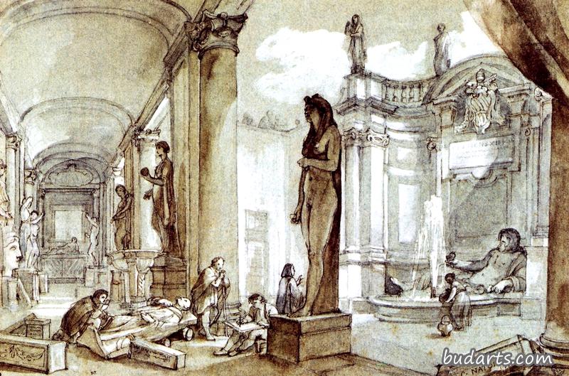 罗马卡皮托林博物馆内庭院的艺术家绘画