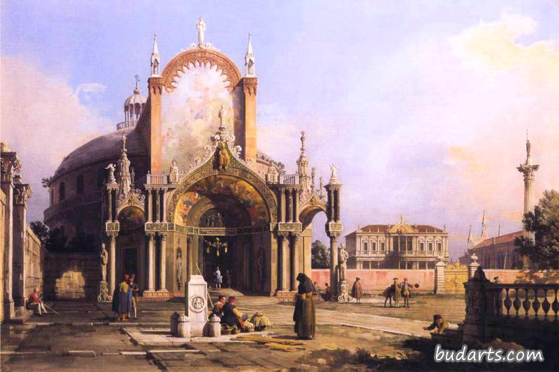 Capriccio of a Round Church with an Elaborate Gothic Portico in a Piazza, a Palladian Piazza and a Gothic Church Beyond