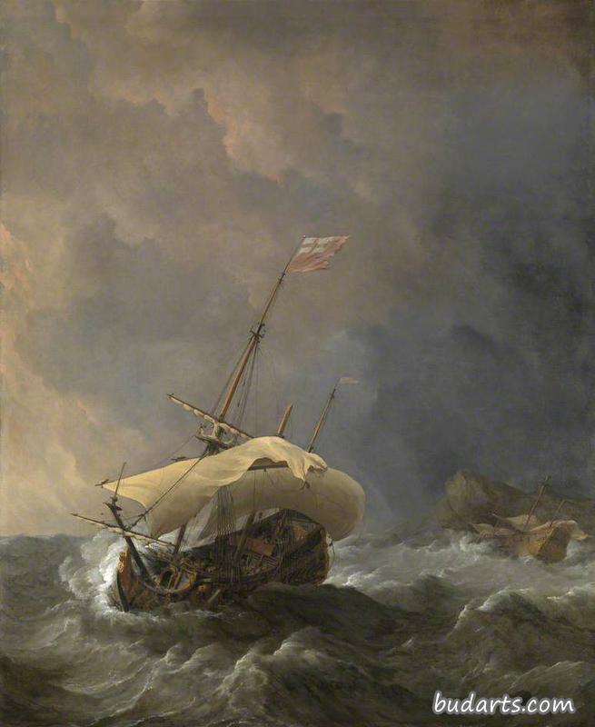 一艘英国船在狂风中试图从背风处靠岸