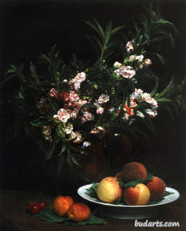 静物：凤仙花、桃子和杏子
