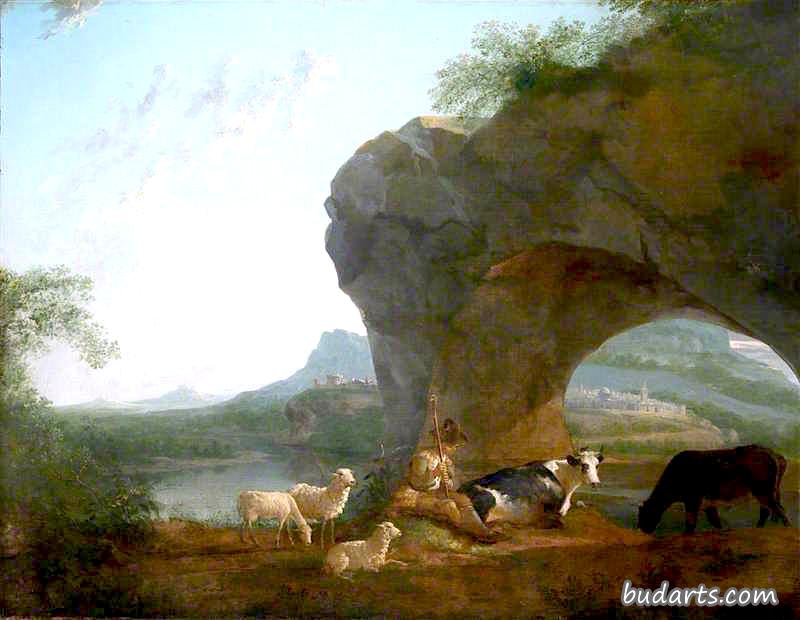 意大利风景，一个牧民，三只羊和两头牛在石拱下