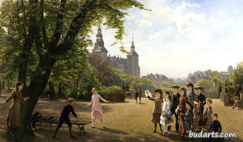 Ludvig Dahl's Children playing in Kongens Have Park with King Christian IV's Summer Residence Rosenborg Slot Beyond, Copenhagen