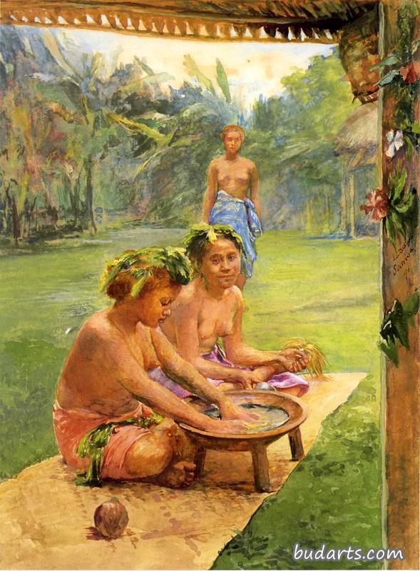 Young Girls Preparing Kava. Outside of the Hut Whose Posts Are Decorated wih Flowers, the Attendant, Standing in the Background Is There to Hand the Cocoanut Cup When Filled