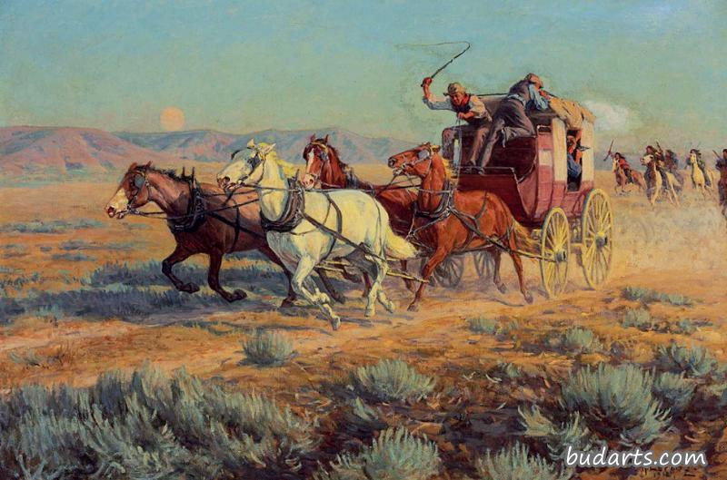 骑马的印第安人追赶的驿站马车