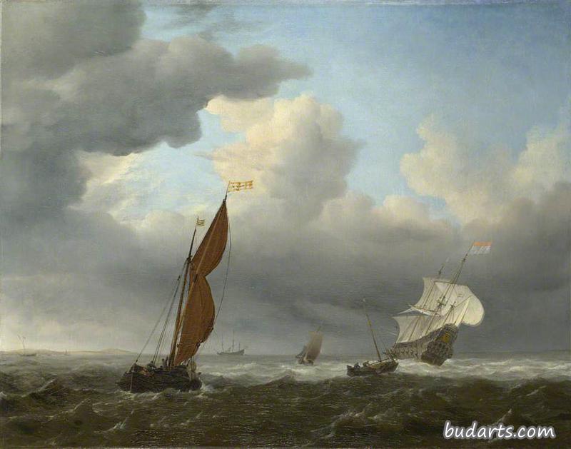 强风中的荷兰船和其他小船