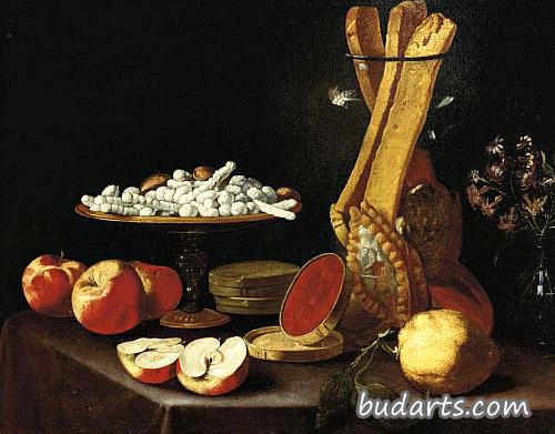 Sweets on a Tazza, Narcissi in a Glass Vase, Breadsticks in a Jar, and Apples, Jelly and a Lemon on a Draped Table