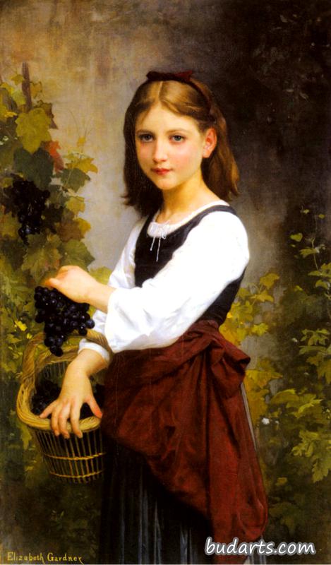 一个拿着一篮葡萄的年轻女孩