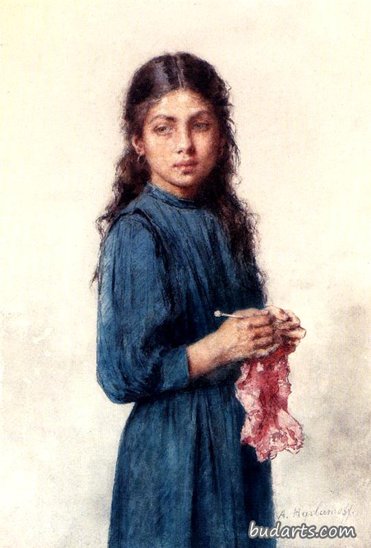 一个正在编织的年轻女孩