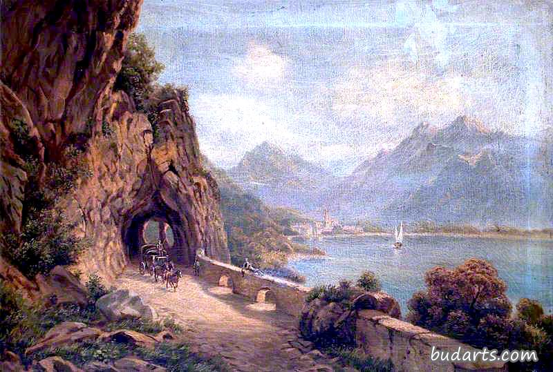 阿尔卑斯湖畔景色，有三匹马车
