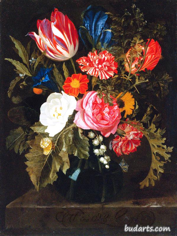 玻璃花瓶里的玫瑰、康乃馨、郁金香和其他花的静物画