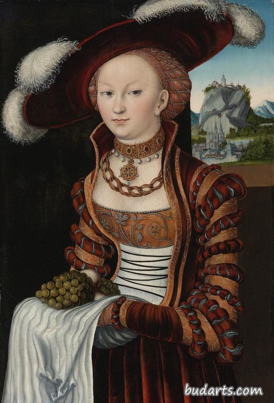 一位拿着苹果和葡萄的年轻女士的画像