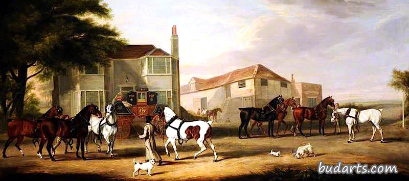 换马，埃克塞特到伦敦邮报；亨利·帕顿爵士，英国电信，牵着马