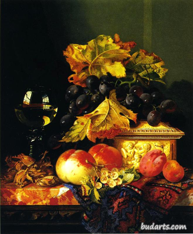 Black Grapes on a Carved Ivory Box, Peaches, Whitecurrants and Hazelnuts with a Hoch Glass on a Marble Ledge