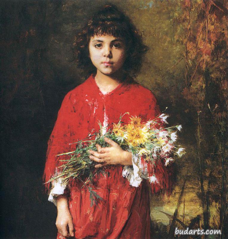 一个带花的年轻女孩的画像