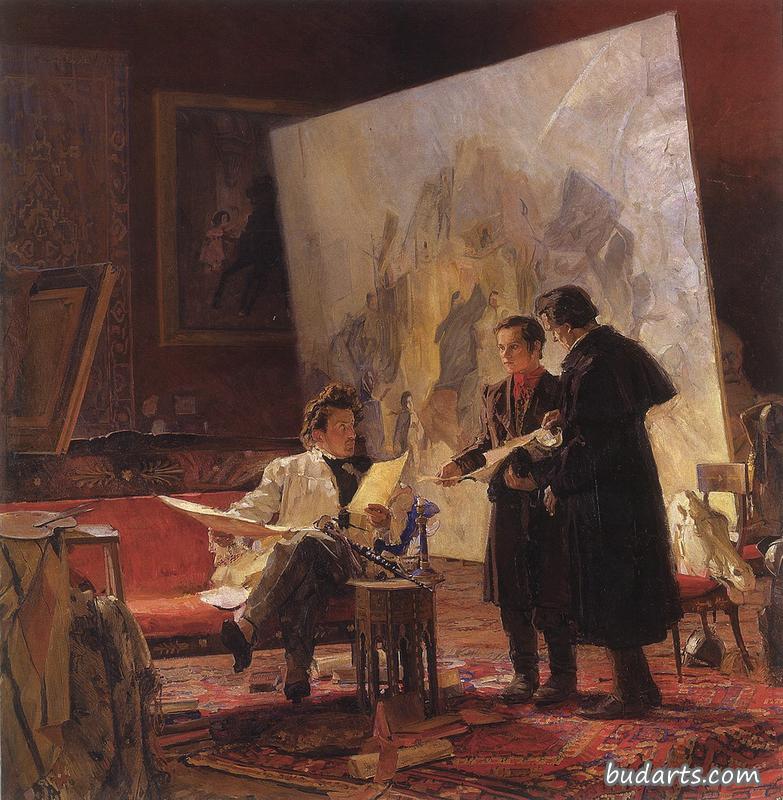诗人塔拉斯·舍甫琴科在他的工作室里拜访卡尔·布尔尤洛夫