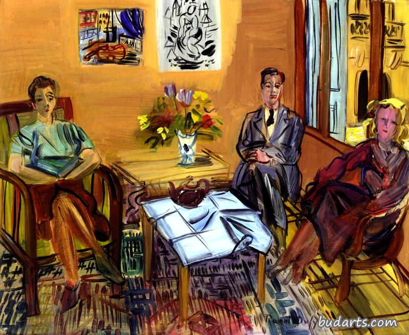 两个人在佩皮尼昂的画室里喝茶