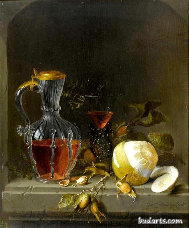 在壁龛里有柚子、法昂威尼斯酒杯、栗子、榛子和一个玻璃壶
