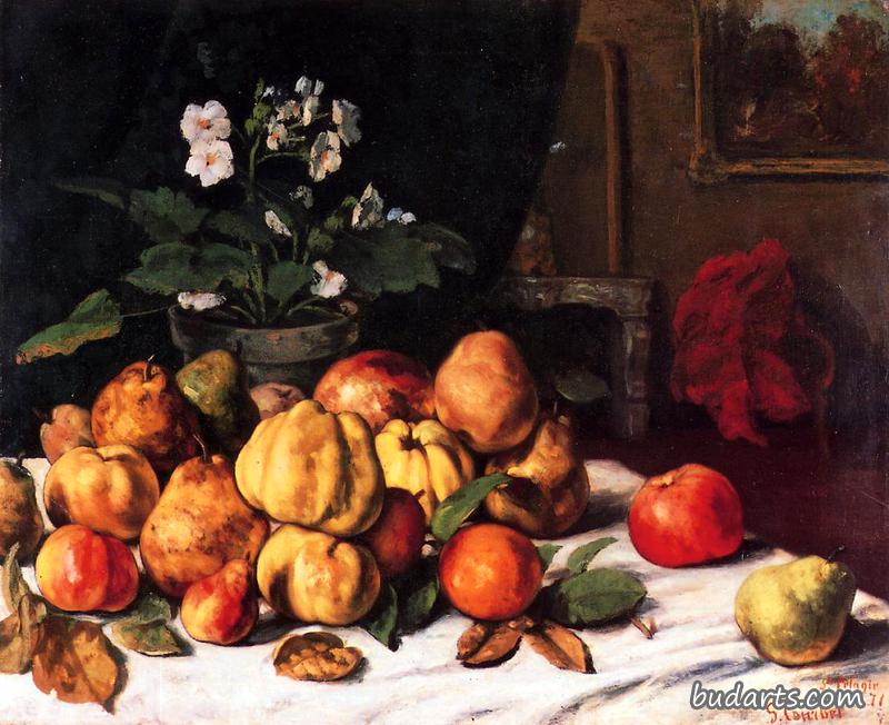 静物：桌子上的苹果、梨和樱草花