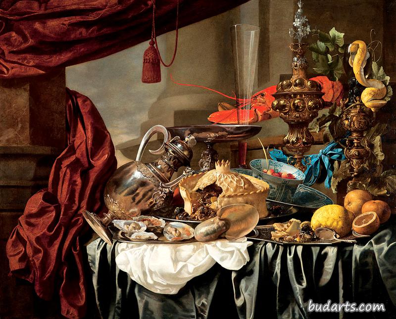 Pronk Still Life with Silver and Gilt Vessels, a Nautilus Shell, Porcelain, Food and Other Items on a Draped Table