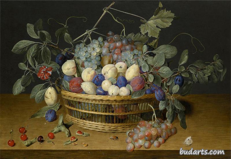 Still life with plums, grapes and peaches in a wicker basket, with Cherries, Hazelnuts, a Beetle and  a Butterfly on the Woodentabletop Beneath”