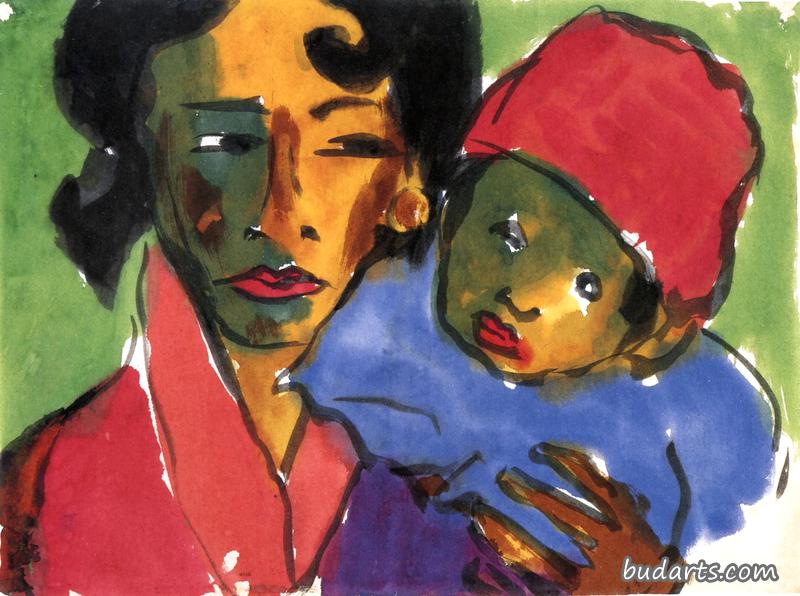 抱着孩子的母亲（红色连衣裙，红色帽子）