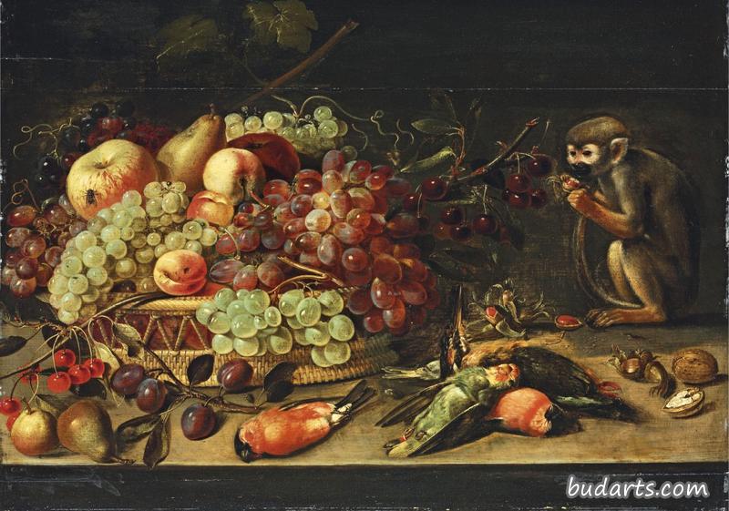 苹果、樱桃、杏子和其他水果，猴子在桌上吃坚果
