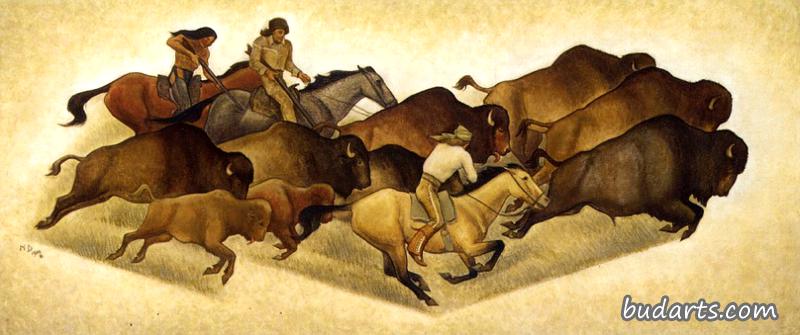 与猎人一起奔跑的水牛：壁画素描