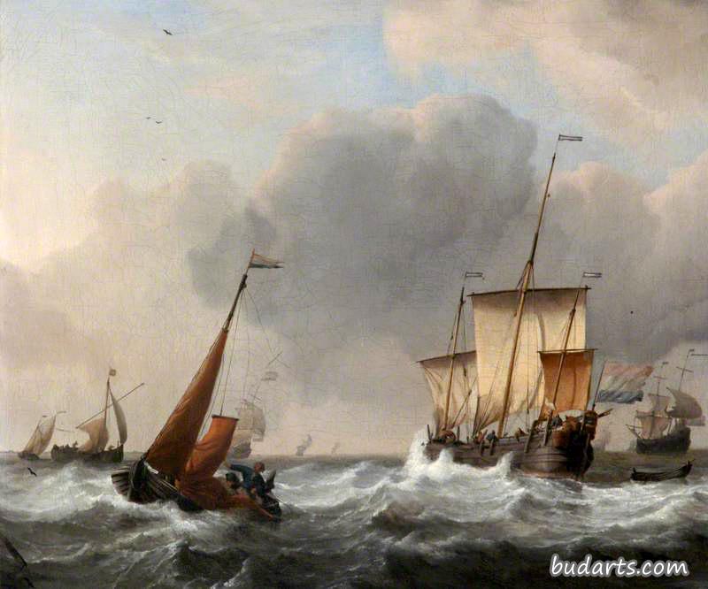 一个荷兰三号船长和一个水手在前面，她的主帆在暴风雨中被放下