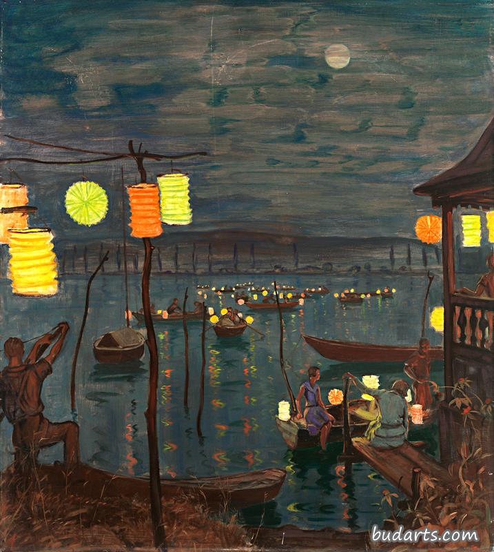 夏季夜晚，康斯坦茨湖与兰皮翁装饰的船只相映成趣