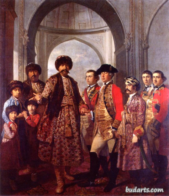 Suja-ud-daulah, Nawab of Awadh, with Four Sons, General Barker and Military Officers